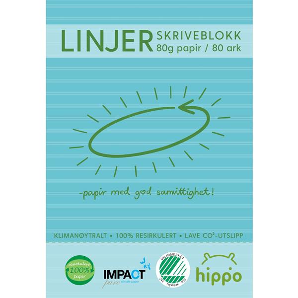 9010 Hippo  Collegeblokk, A4 Natur Linjer 80ark 80g Miljømerket, Hippo, Resirkulert papir